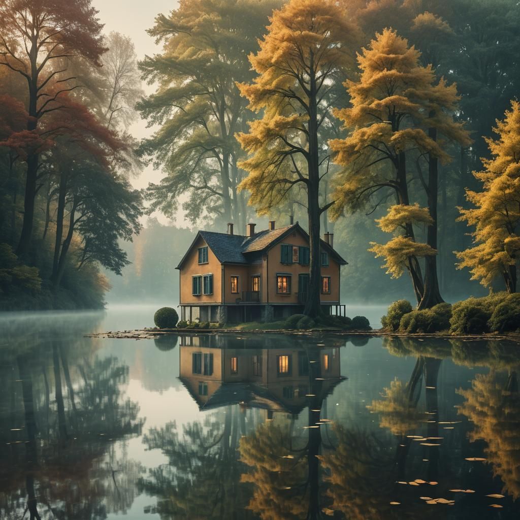 Surreal Lake House in Vibrant Colors