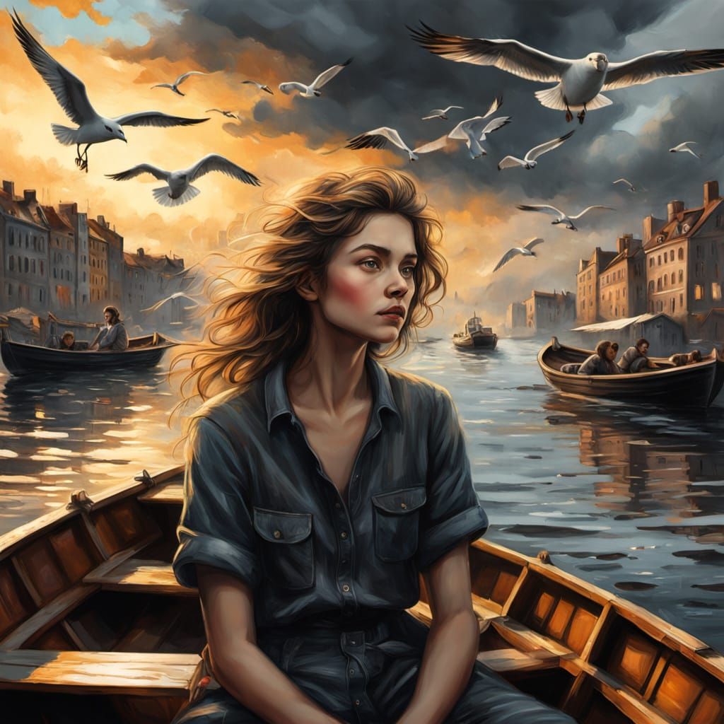 Woman in Boat with Seagulls: Neo-Impressionist Charcoal Draw...