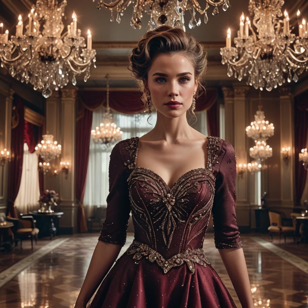 Woman in Gown in Luxurious Ballroom