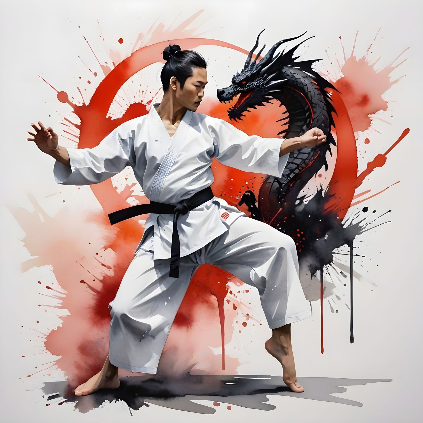Dynamic Karate Kick: Dragon in Watercolor Style