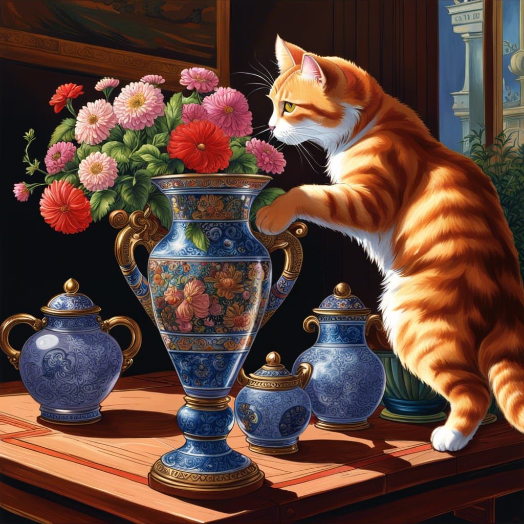 Manga Cat Pushing Vase in Detailed Composition