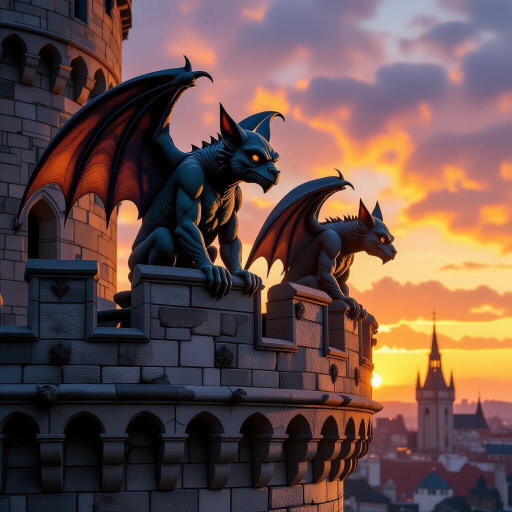 Gargoyles Watch Over Medieval Castle at Sunset
