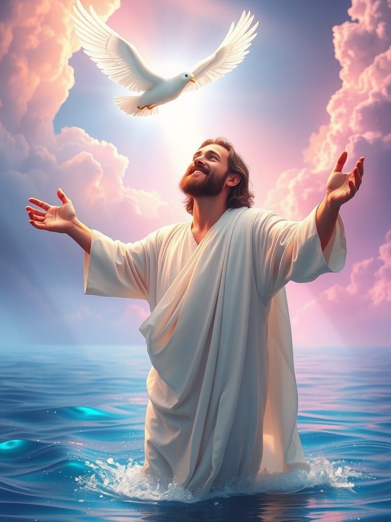 Serene Jesus in Ethereal Light, River Jordan Baptism Scene