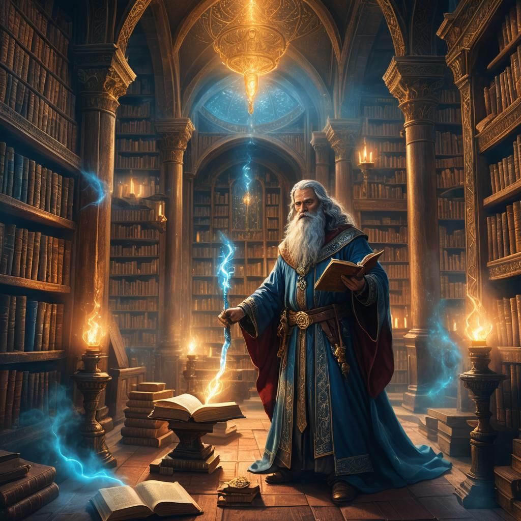 Mystical Wizard in Ancient Library Concept Art