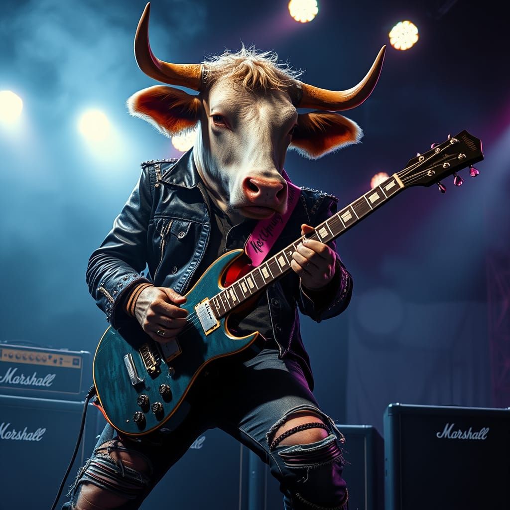 Majestic Cow Shreds on Neon-Lit Guitar Stage