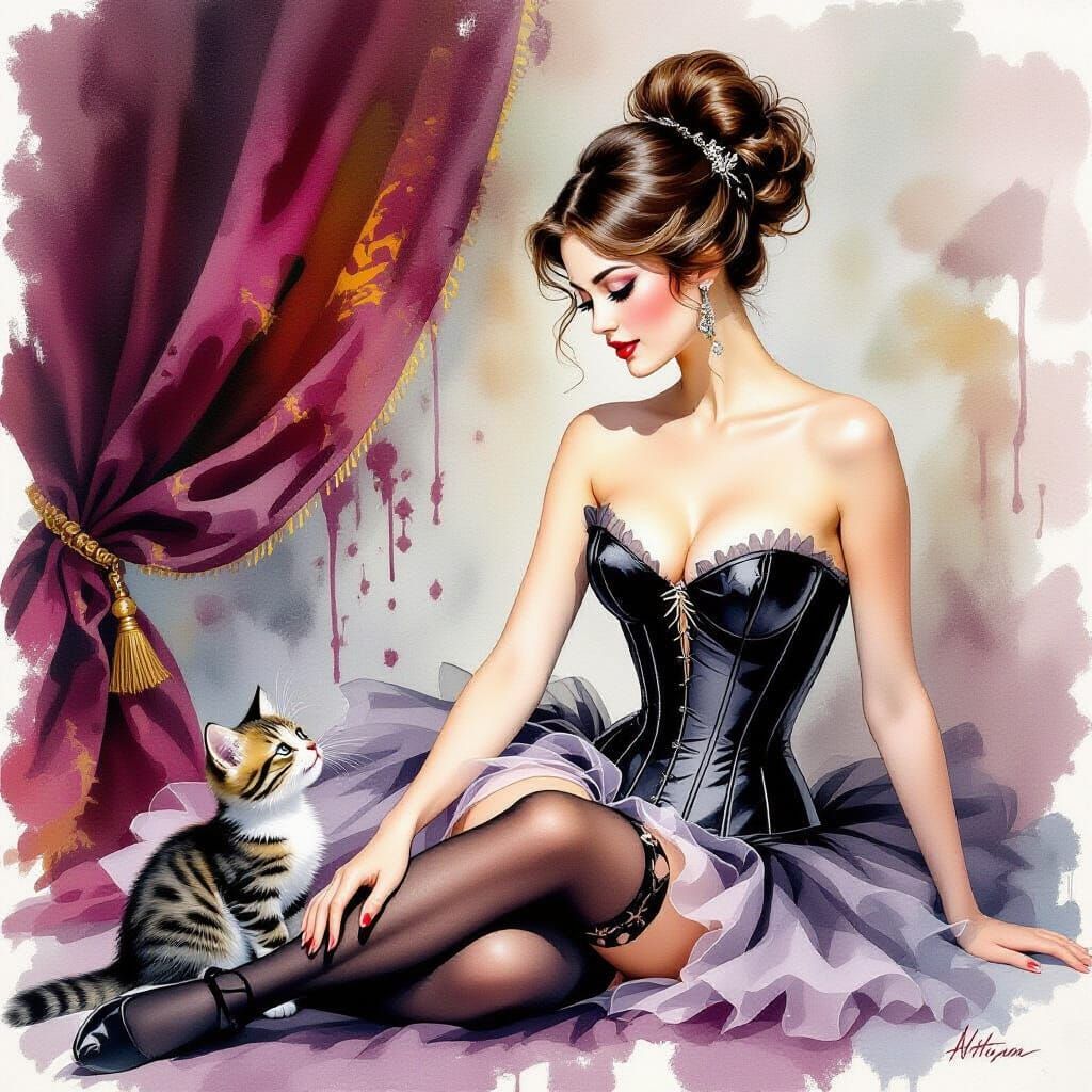 Elegant Corset Figure with Kitten, in Graffiti Art