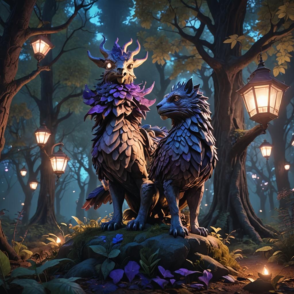 Mystical Griffin Statue in Enchanted Forest at Night
