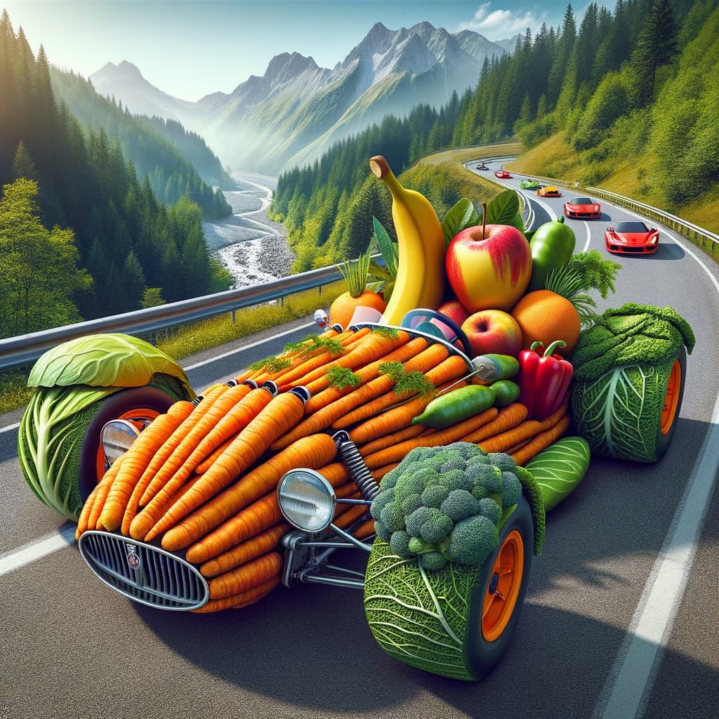 Hyperrealistic Vegetable Car Race Through Mountains