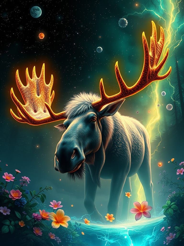 Cosmic Moose with Fractal Antlers in Neon Cosmos