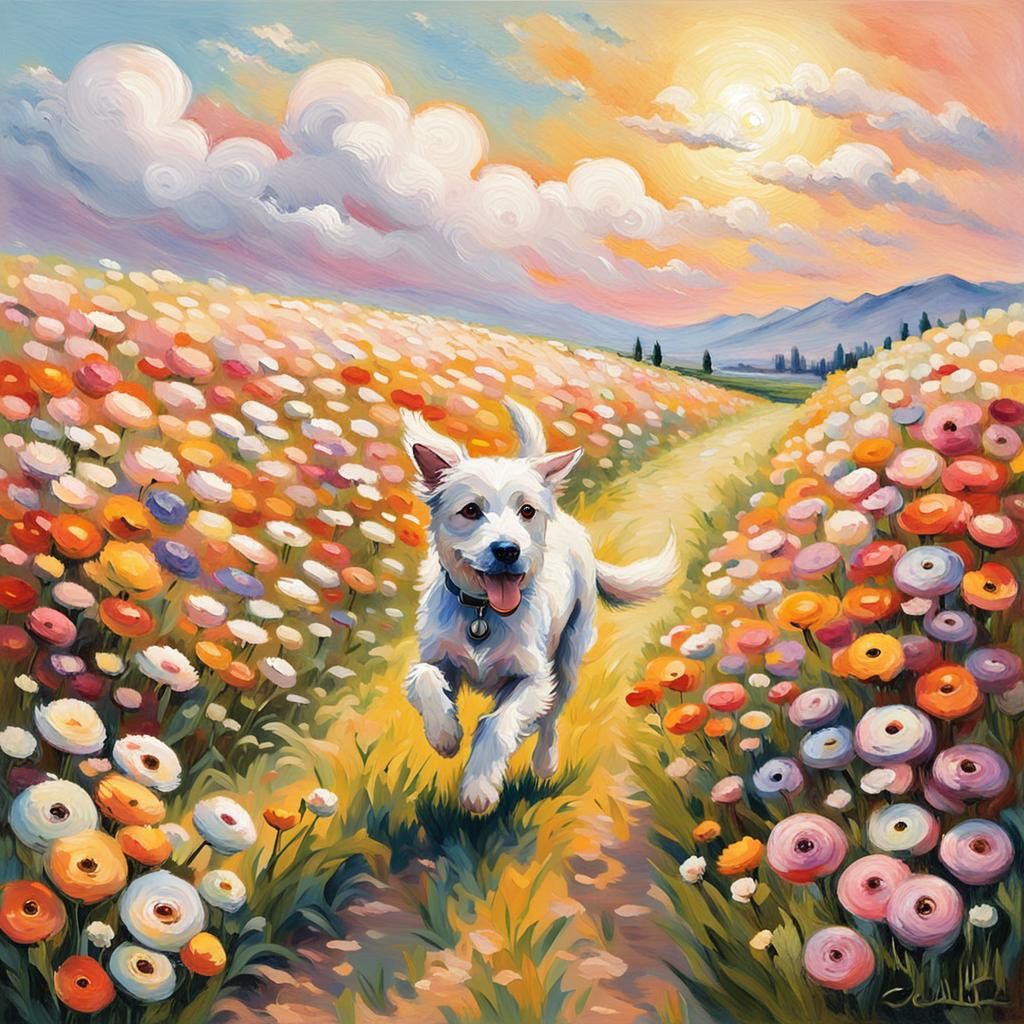 Idyllic Impressionist Dog Scene in Flower Field