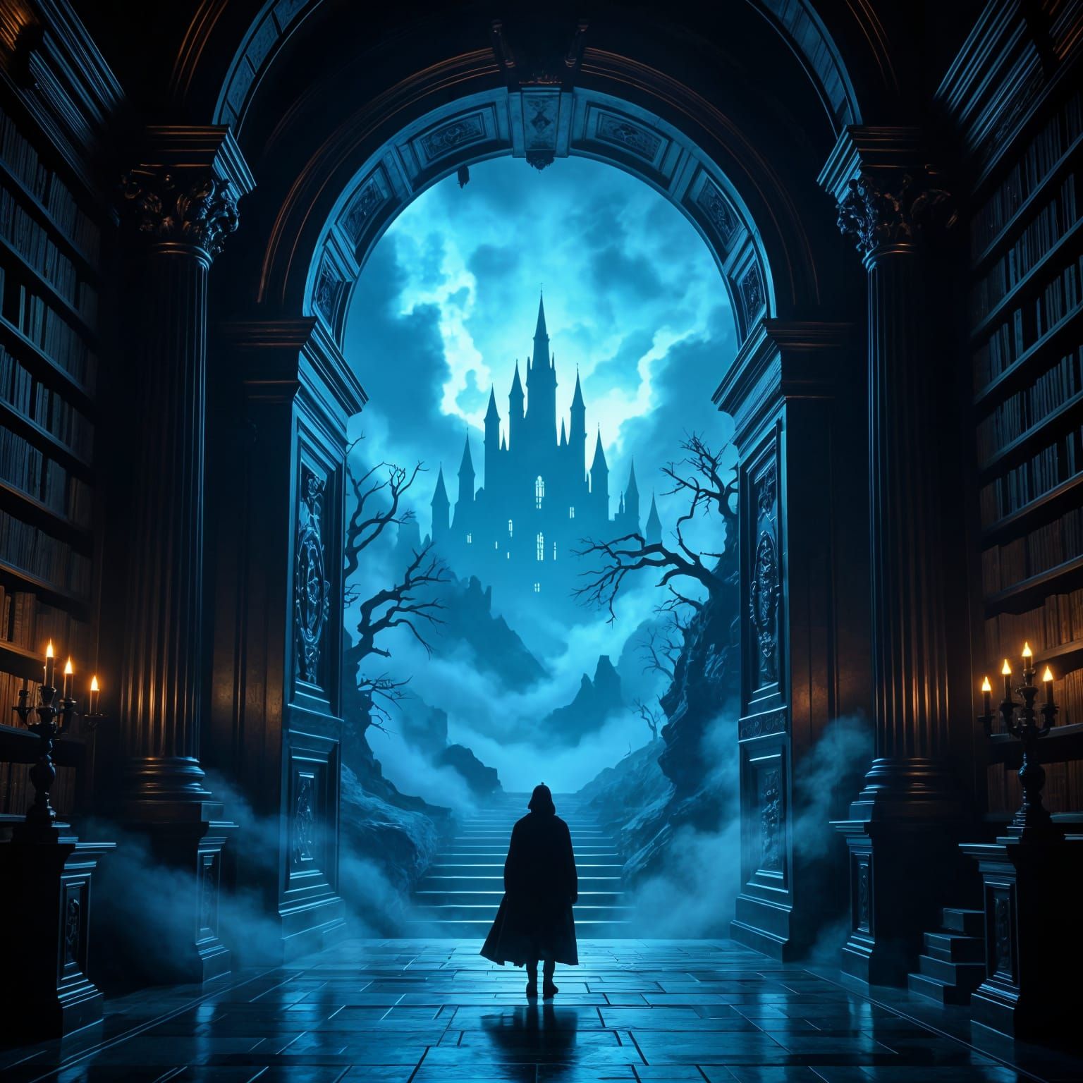 Arcane Portal in Grand Library: Steampunk Dark Fantasy