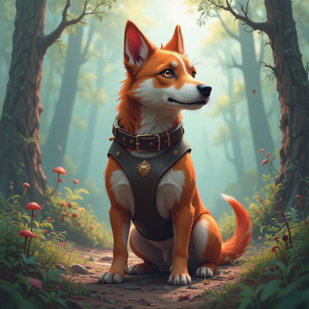 Dragon-Dog Hybrid in Mystical Forest, Dystopian Futurism