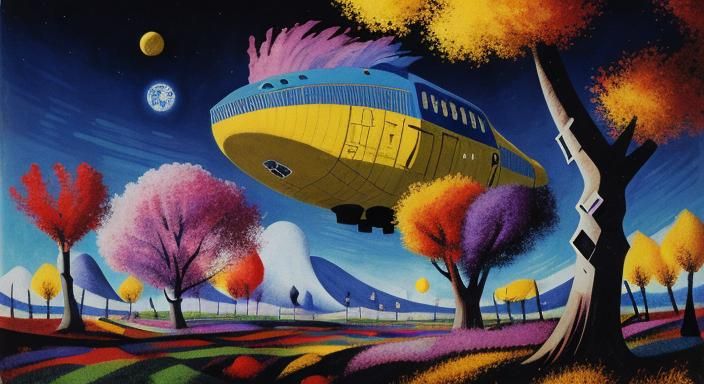 Vibrant Flower Airship Surfaces in a Moonlit Aspen Grove