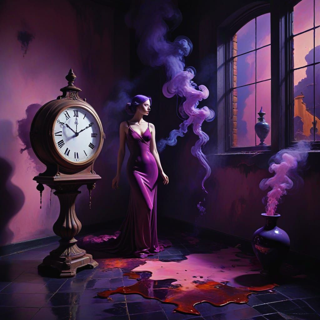 Surreal Woman in Purple Room, Dalí & Ernst Style