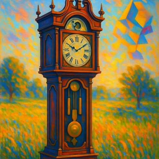 Giant Clock in Sunlit Meadow, Picasso and Monet Style