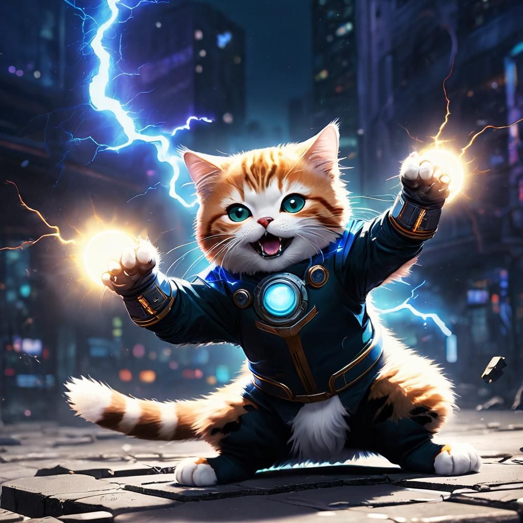 Cats with Glowing Orbs in Neon Cityscape