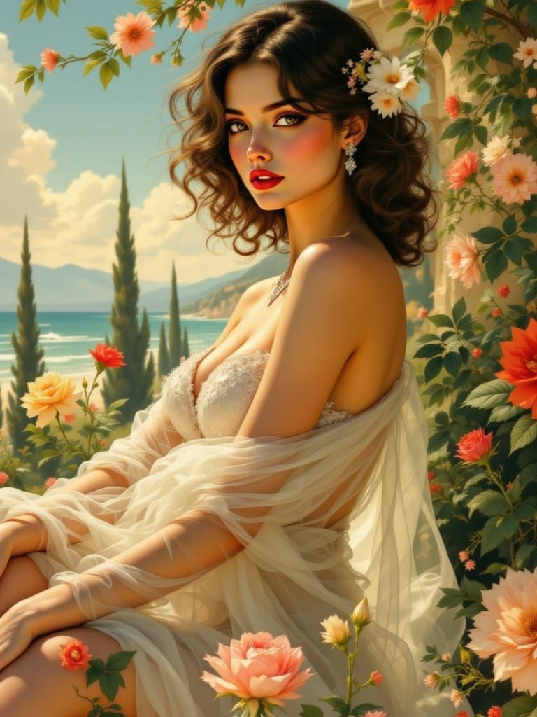 Romantic Art Nouveau Pin-Up Woman in Morning Light