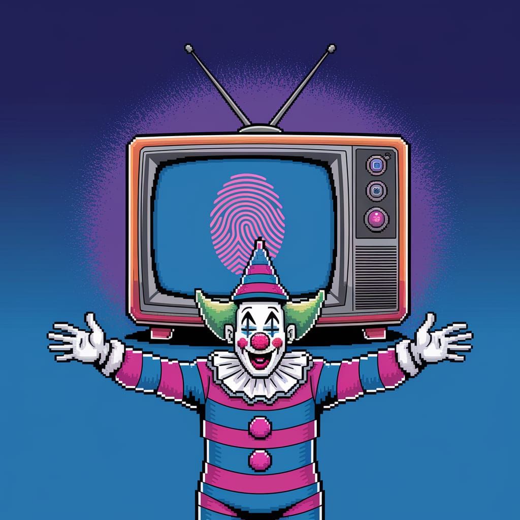 Pixel Art Clown in Striped Costume in Front of Old TV