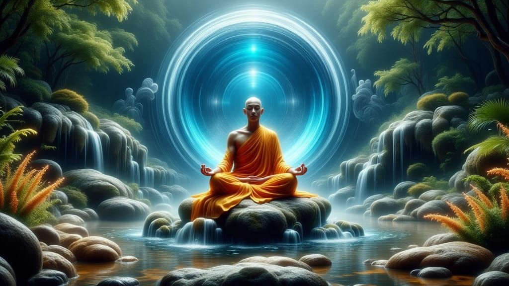 Meditative Monastic Figure Defies Gravity in Dreamy Zen Oasi...