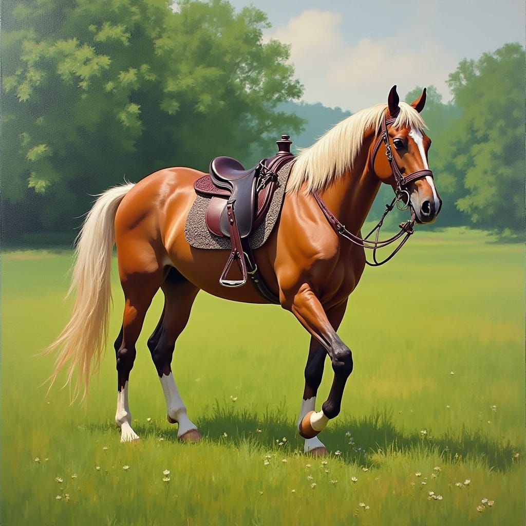Majestic Horse in Meadow, Impressionist Style