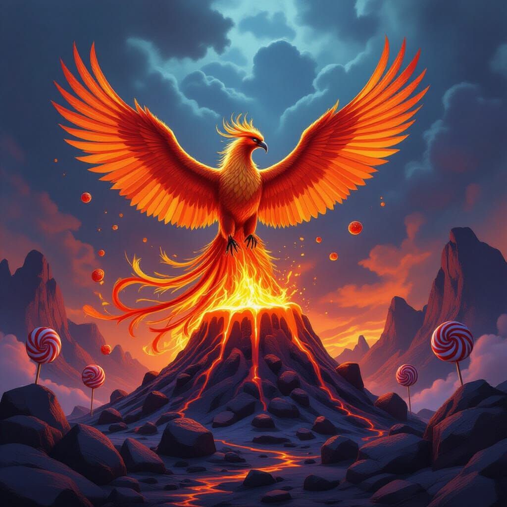 Phoenix Rises from Caramel Volcano in Epic Fantasy Style