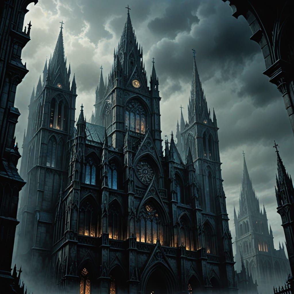 Gothic Cathedral Rises from Mist in Dark Fantasy Illustratio...