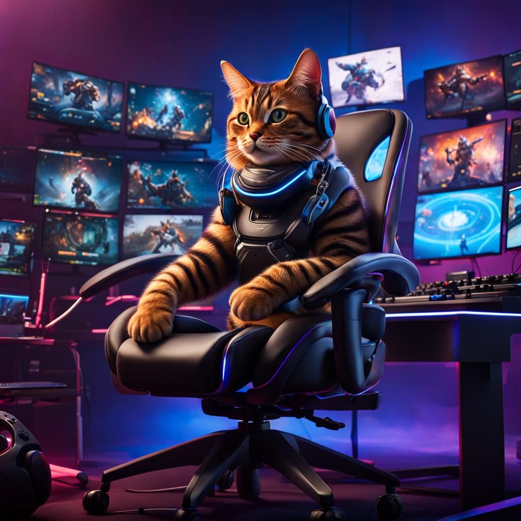Cat Gamer in an Awesome Gaming Room