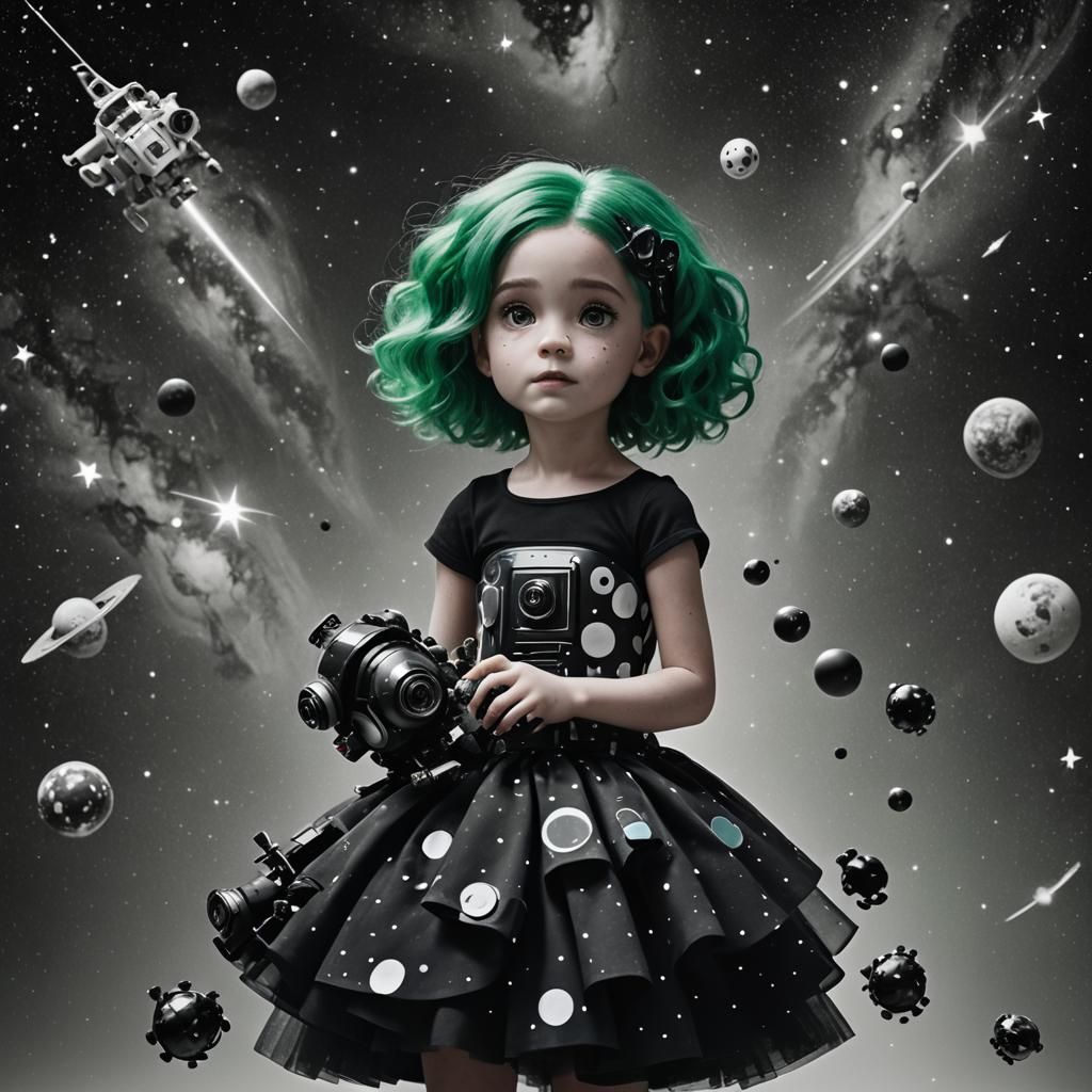 Girl in Space with Robot Doll: Cinematic Film Still