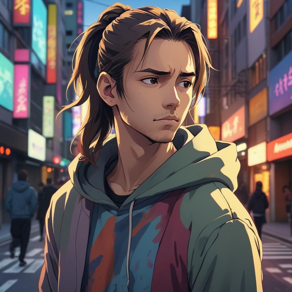 Anime-Inspired Man with Ponytail in City Street