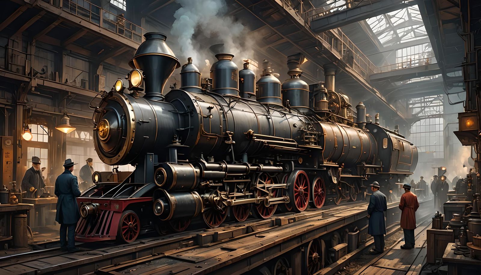 1800s Steam Engine Production Line in Watercolor