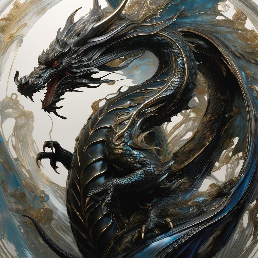 Intricate Glass Dragon in Black Ink Flow
