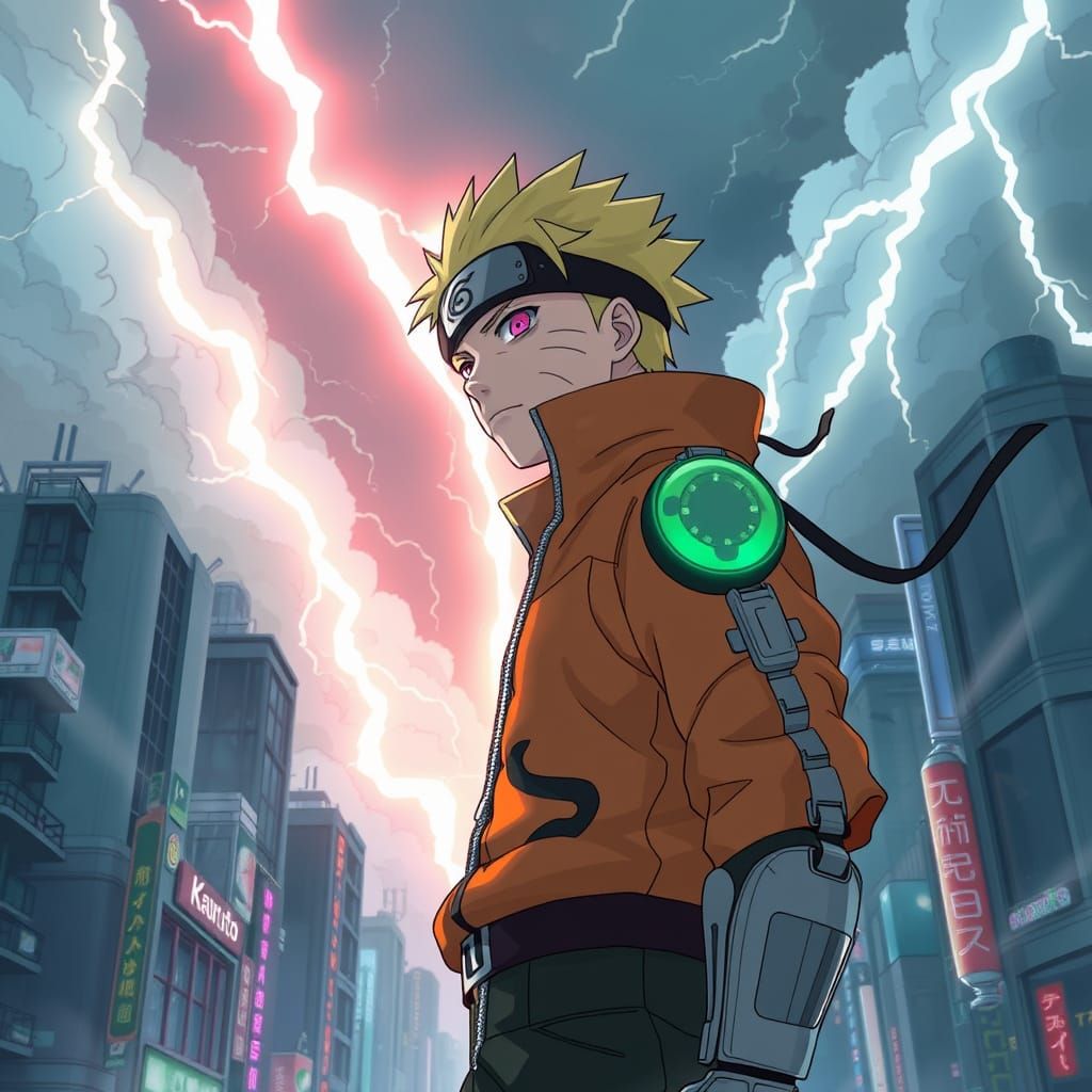 Cyborg Naruto in Neo Tokyo During Thunderstorm
