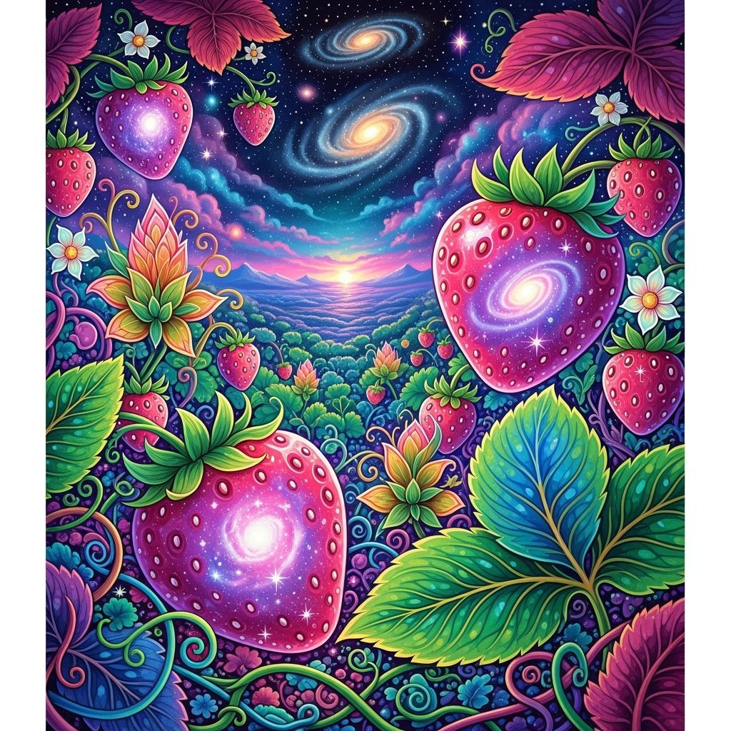 Psychedelic Strawberry Fields Under Cosmic Sky