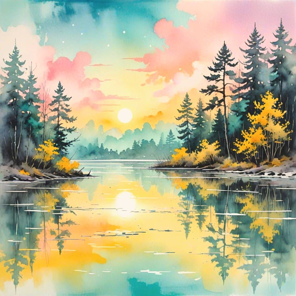 Pastel Neon Dreamscape: Modern Impressionist Forest Lake