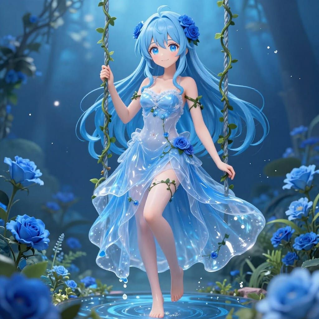 Anime Girl in Translucent Blue Wedding Dress with Blue Roses