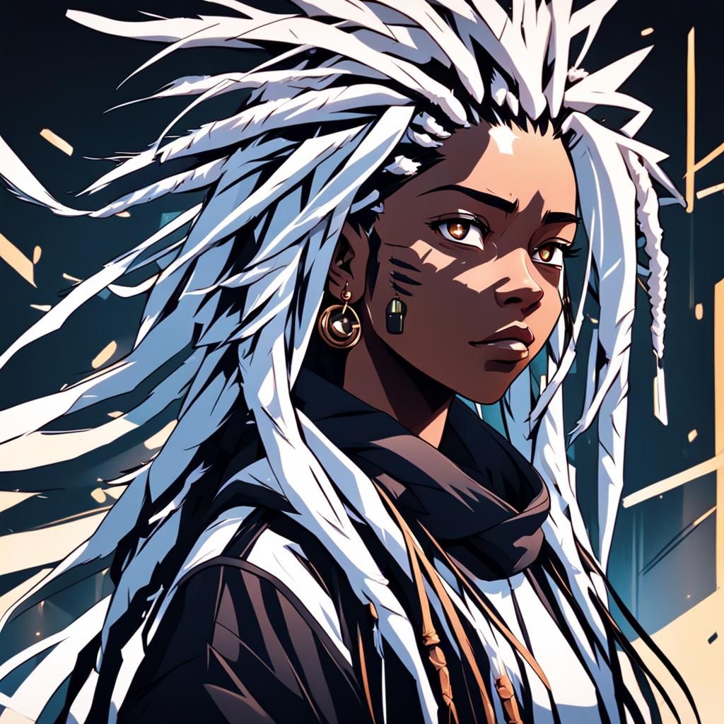 Anime Style Black Girl with White Dreads