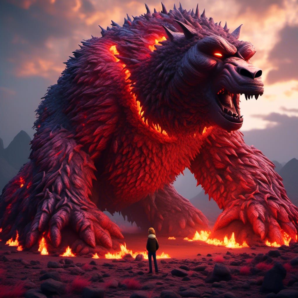 Fiery Bear Portrait Inside a Volcano