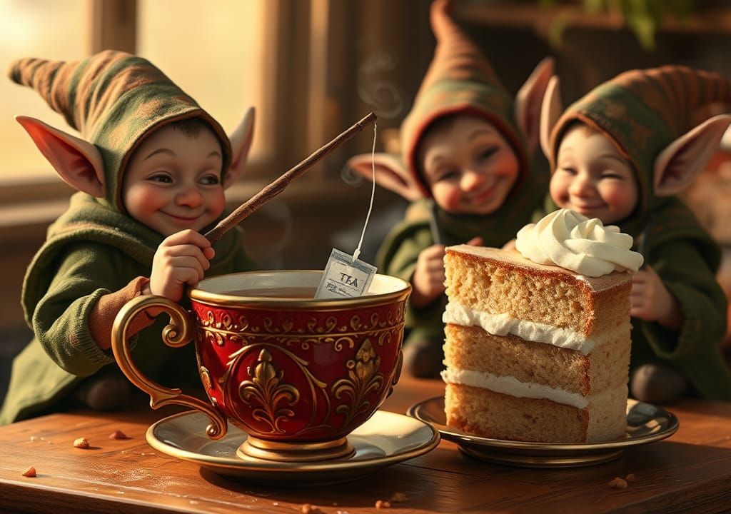 Elves Fishing Tea Bag from Antique Cup, Pixar Style