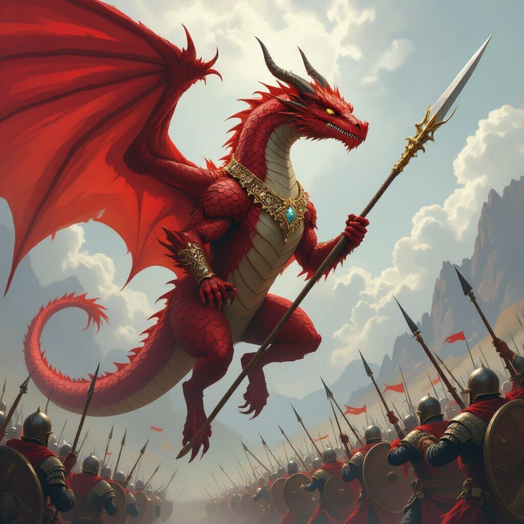 Majestic Red Dragon Soaring with Spear