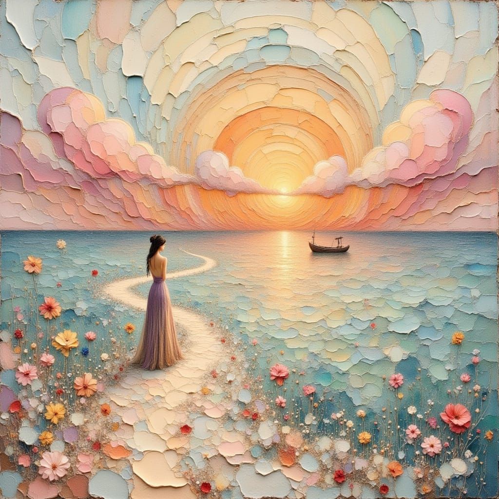 Dreamy Surreal Woman in Textured Impasto Landscape