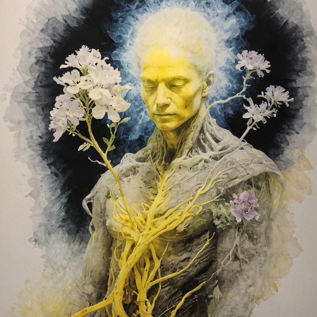 Ancient Mysterious Figure in a Landscape of Creeping Phlox