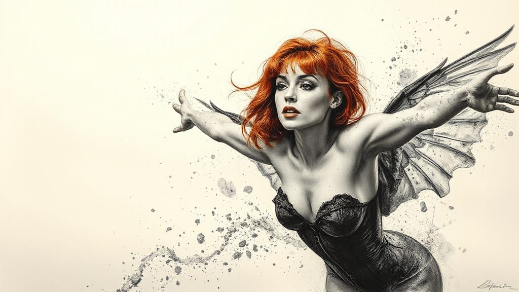Redhead Pin-Up Escapes Sketch in Hyperrealistic Style