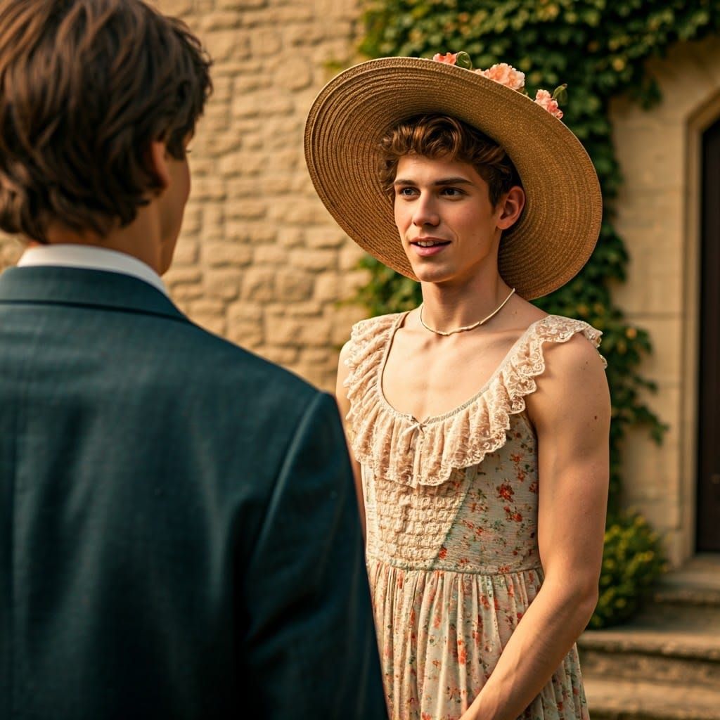 Handsome Young Man in Floral Dress Engages in Conversation O...