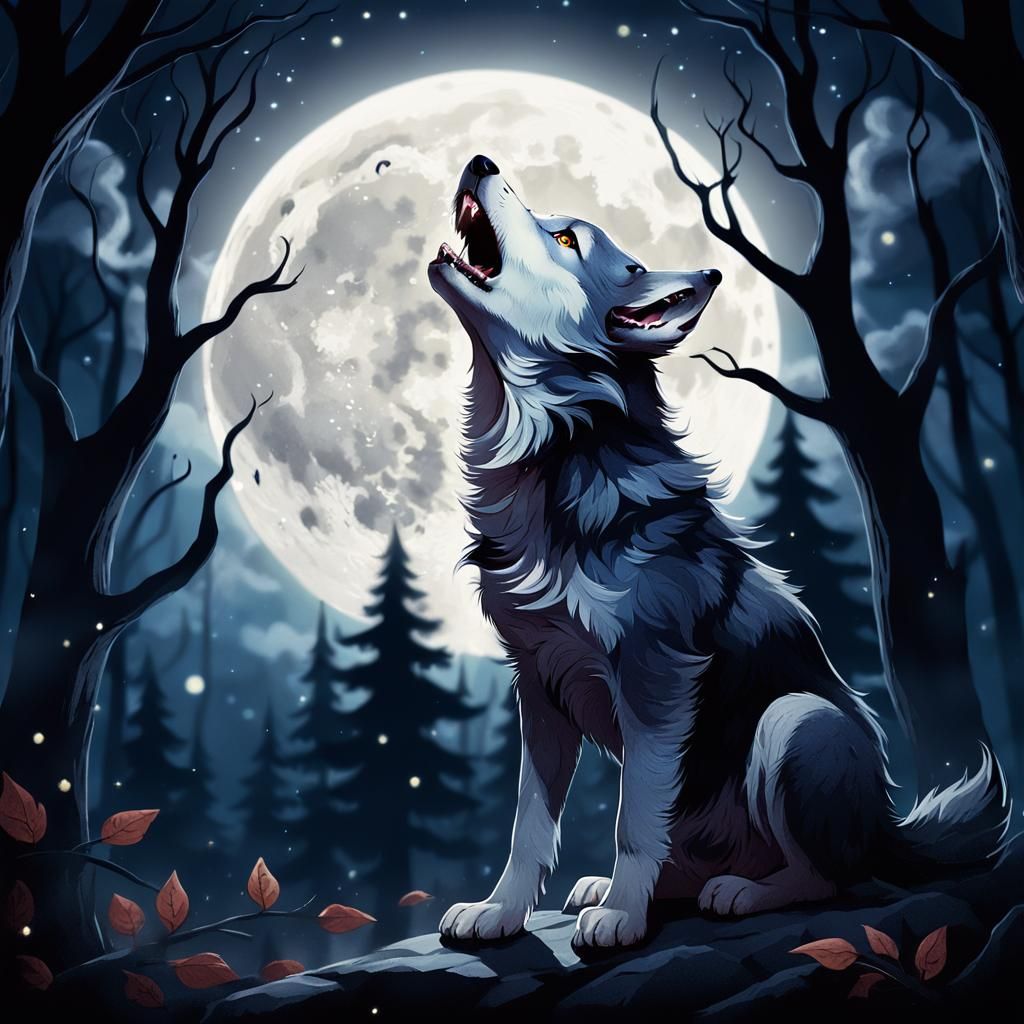 Vampire Wolf Puppy Howling at Moon, Miyazaki Style