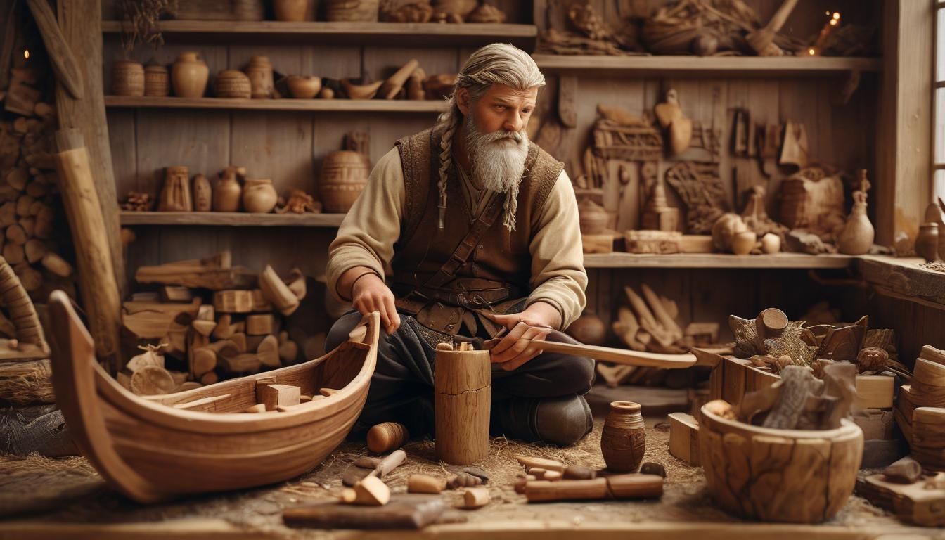 Viking Woodworker Crafts Toy Boat in Golden Light