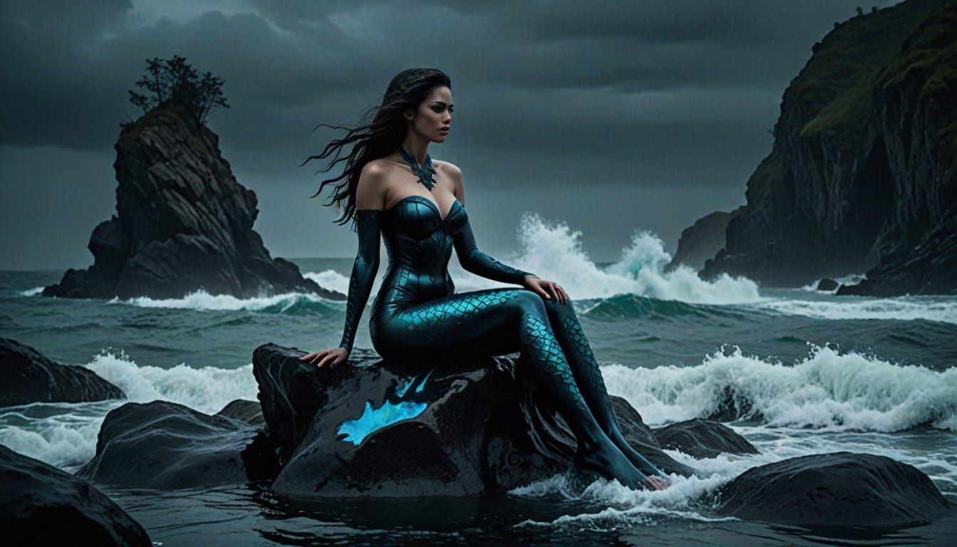 Dark Fantasy Mermaid in Latex Scales on an 8-Shaped Rock