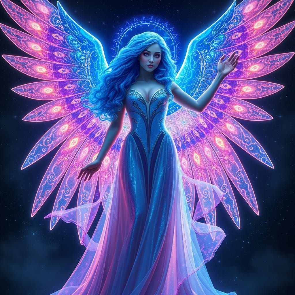 Celestial Goddess with Neon Hair and Cosmic Wings