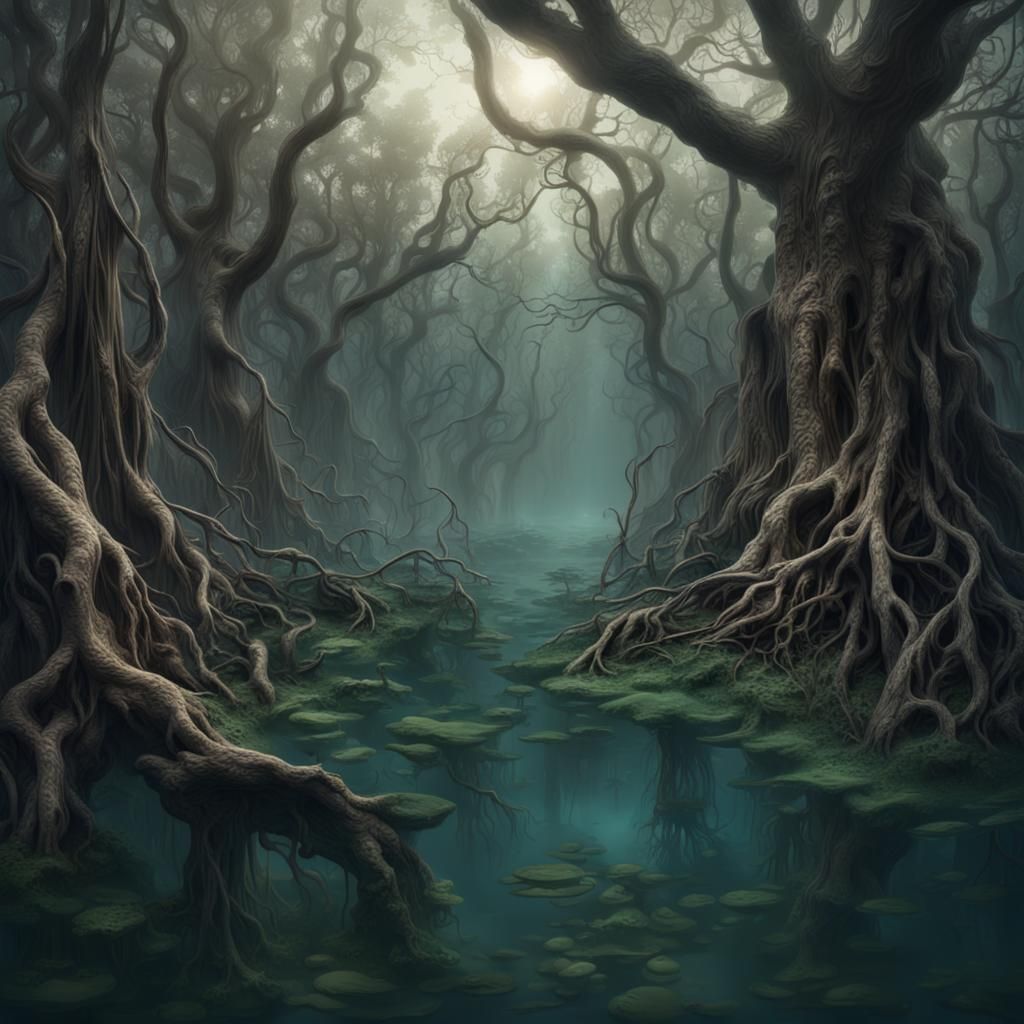 Underwater Swamp: Ominous Mangrove Trees in Digital Painting
