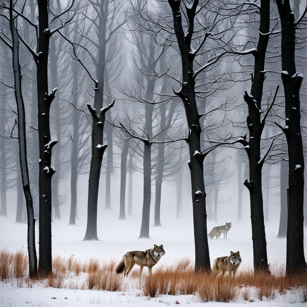 Wolves in Winter Blizzard Among Bare Trees