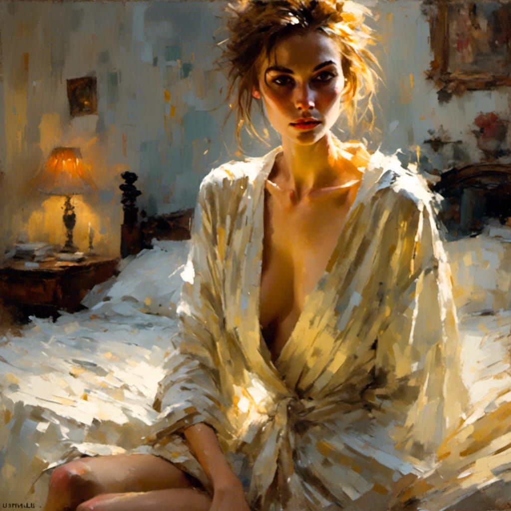Impressionist Woman in Bedroom, Oil Painting Style
